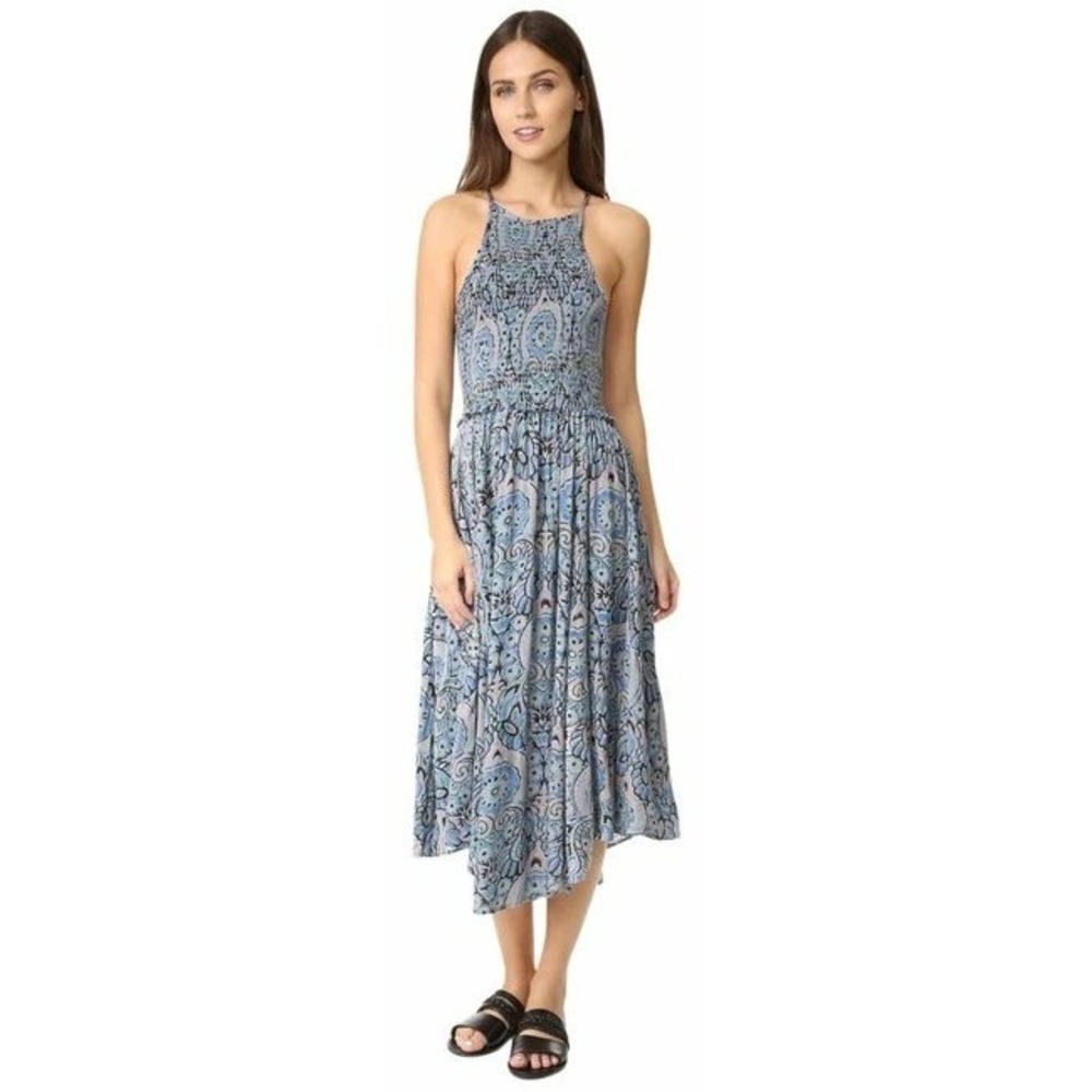 Free People Smocked Midi Dress Sz S Blue Paisley High Neck Sleeveless Boho Beach - Picture 3 of 12